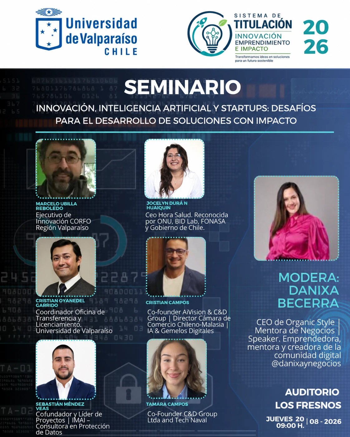 Afiche del seminario «Innovación, inteligencia artificial y startups», Universidad de Valparaíso, jueves 20 de agosto de 2026, 09:00 h, Auditorio Los Fresnos